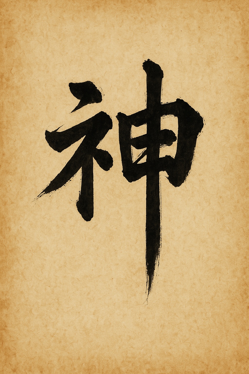 Carácter chino Shén trazado con tinta negra sobre papel antiguo, que simboliza el espíritu, la conciencia y la claridad interior en la Medicina Tradicional China.