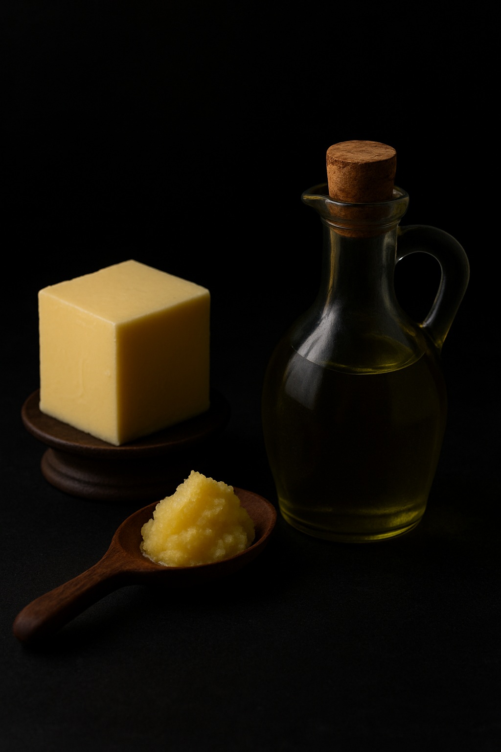 Naturaleza muerta con grasas naturales de calidad: mantequilla, ghee y aceite de oliva en una botella de vidrio, que simbolizan las fuentes de lípidos estables y nutritivas en el corazón de una alimentación cetogénica bien formulada.