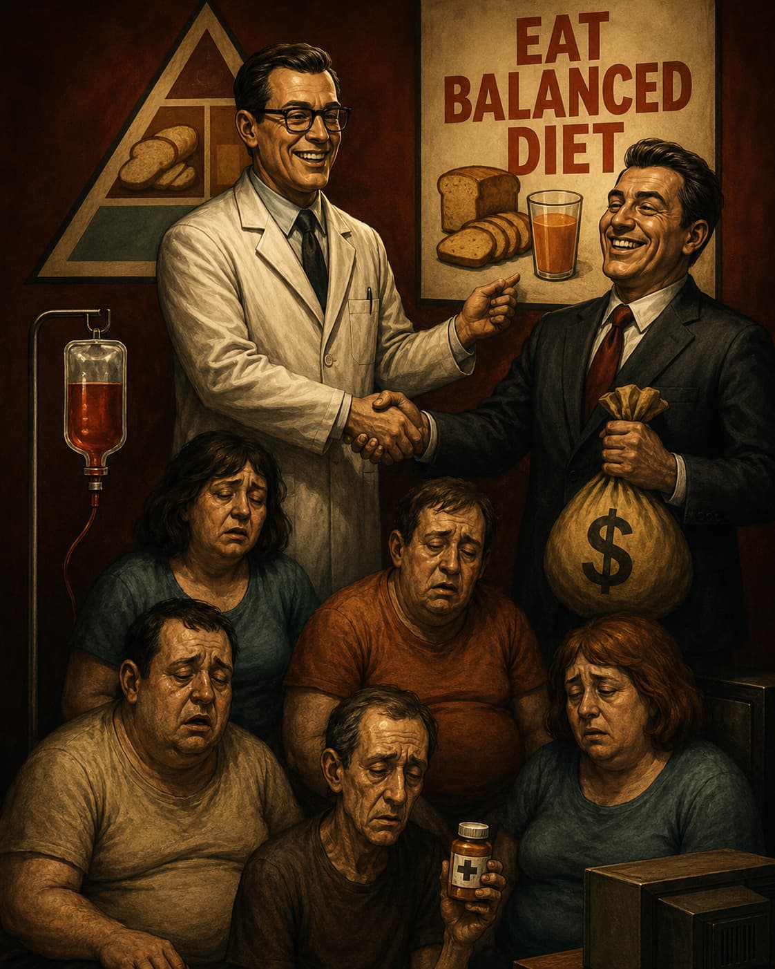 Médico sonriente estrechando la mano de un hombre de negocios que sostiene una bolsa de dinero, frente a un cartel que dice Eat Balanced Diet, mientras personas enfermas y cansadas aparecen en primer plano, simbolizando los vínculos entre recomendaciones alimentarias, intereses industriales y enfermedades crónicas.