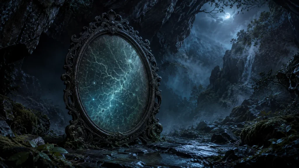 Miroir ancien au cadre de métal patiné, posé dans un paysage rocheux nocturne et brumeux, dont le reflet montre une carte lumineuse de méridiens aux teintes bleu-lune et vert-de-gris.
