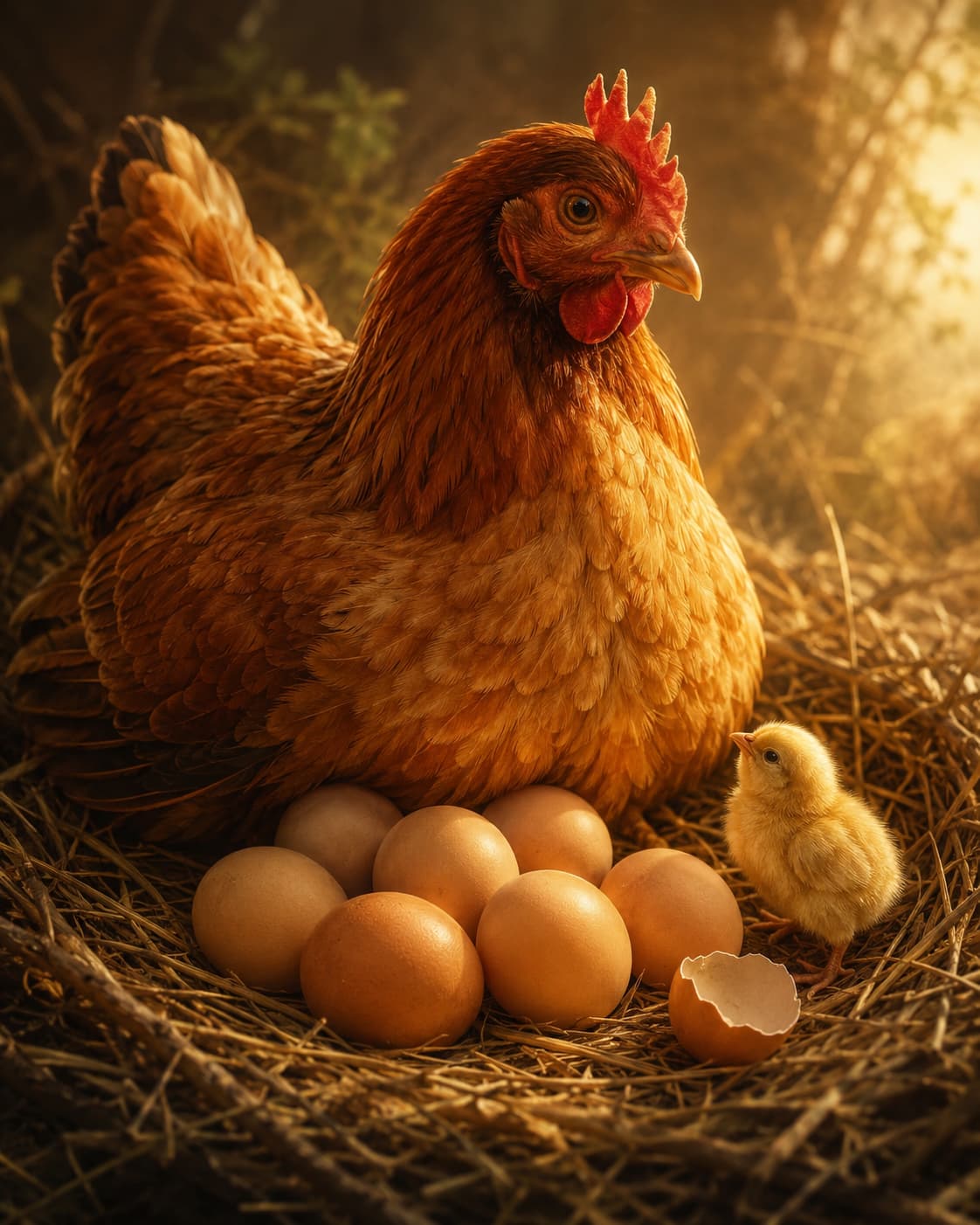 Poule rousse protégeant ses œufs dans un nid de paille, avec un poussin fraîchement éclos, symbolisant les œufs comme source naturelle de nutriments essentiels, de vitalité et de renouvellement.