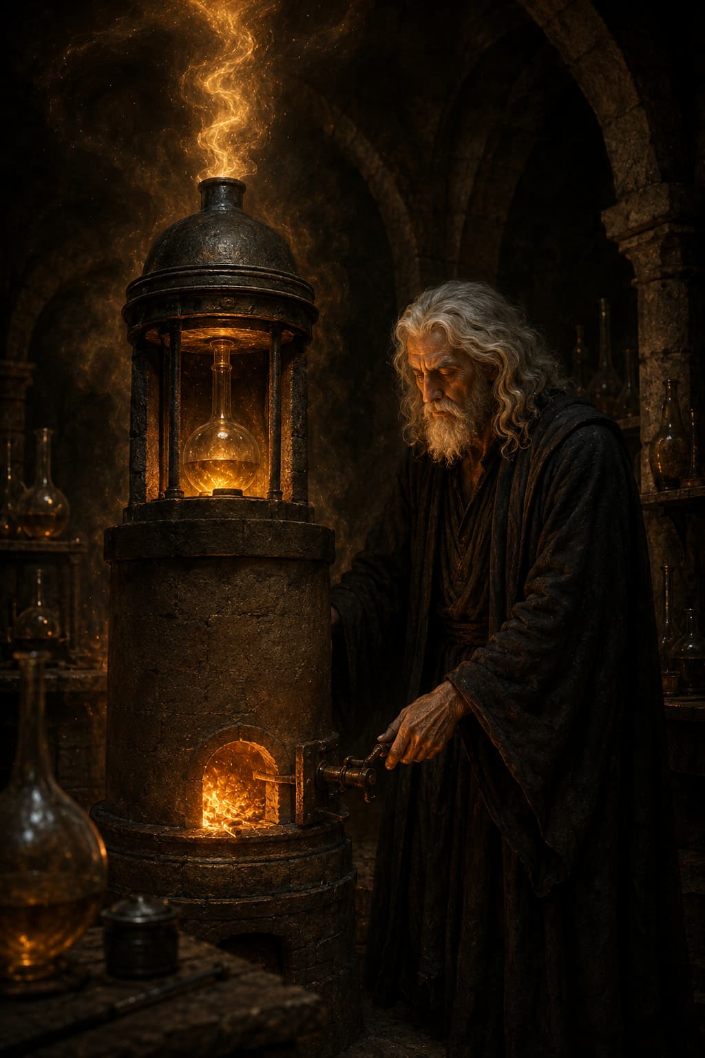 An alchemist watches over the athanor whose steady fire heats a glass vessel, symbol of the slow transformation of matter and of being.