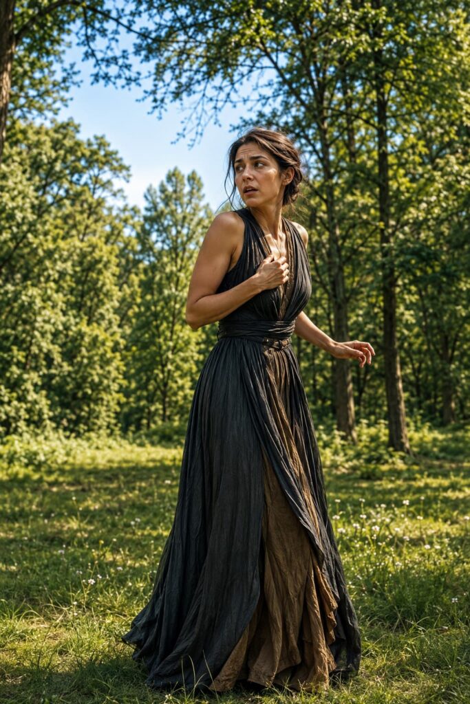 A frightened woman looks back in a peaceful forest in broad daylight, symbolizing an organism kept on high alert by cortisol despite the absence of danger.
