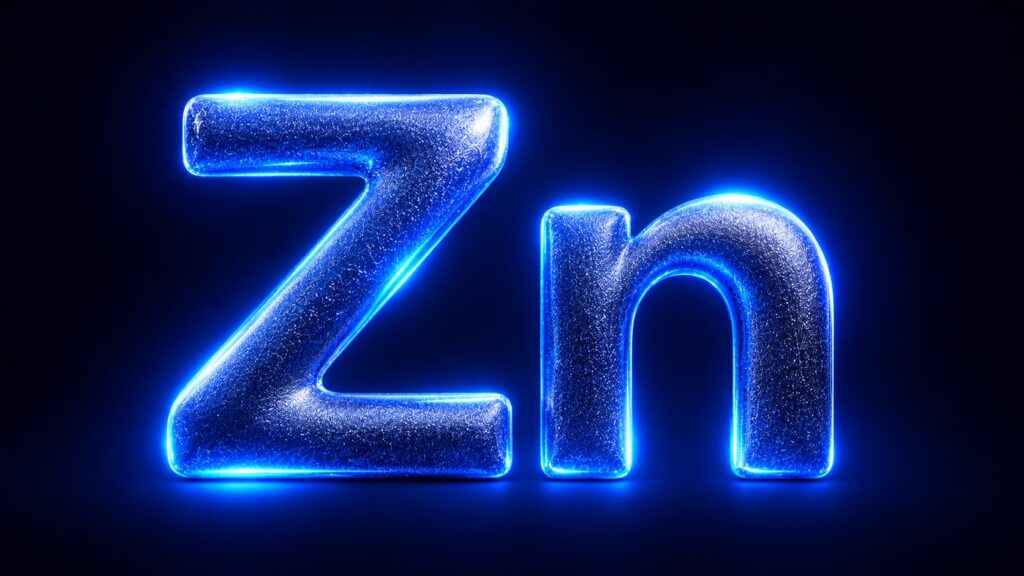 Chemical symbol Zn in electric blue metallic glitter on a navy blue background.