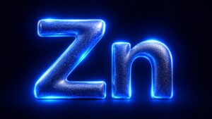 Chemical symbol Zn in electric blue metallic glitter on a navy blue background.