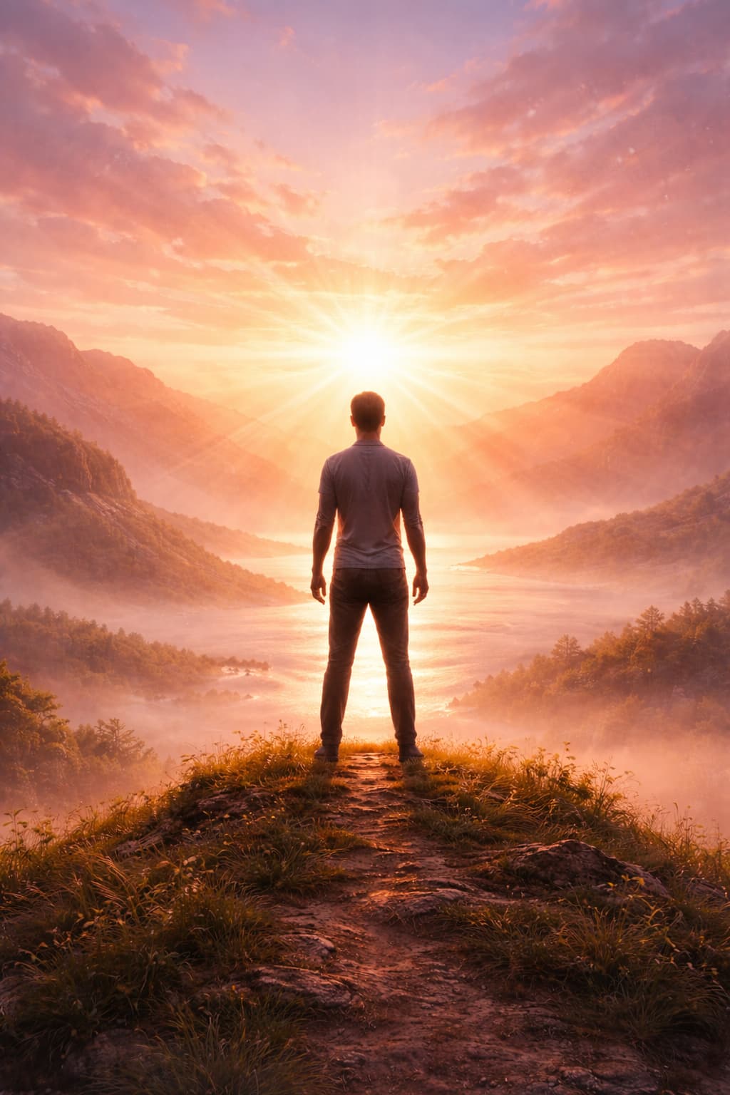 A man standing before a sunrise over a valley, symbolizing humanity rediscovering its light, its true nature, and its sovereignty.