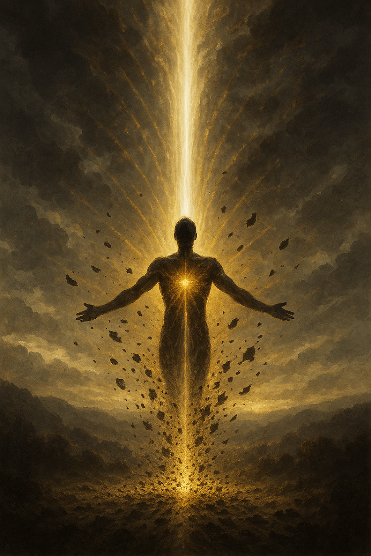 A silhouette emerges from fragmented earth, crossed by a golden light, symbol of the sublimation of trial and inner liberation.