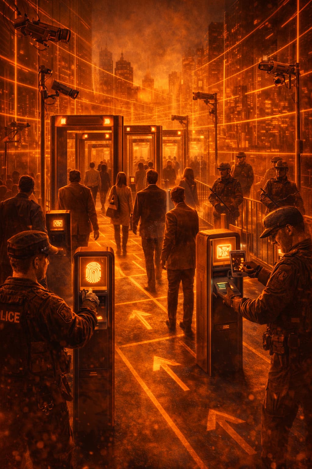 Citizens pass through biometric checkpoints under the watch of cameras and armed forces, a symbol of the gradual normalization of authoritarian control.