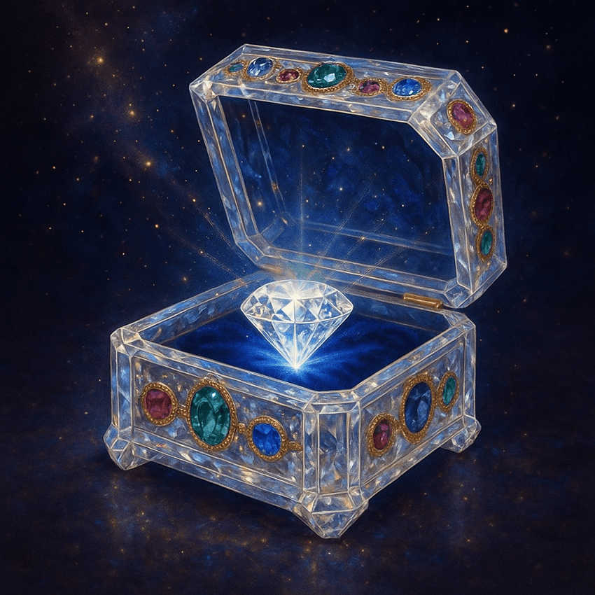 Crystal casket set with precious stones symbolizing the human body, containing a luminous diamond representing the sacred soul embodied in matter.