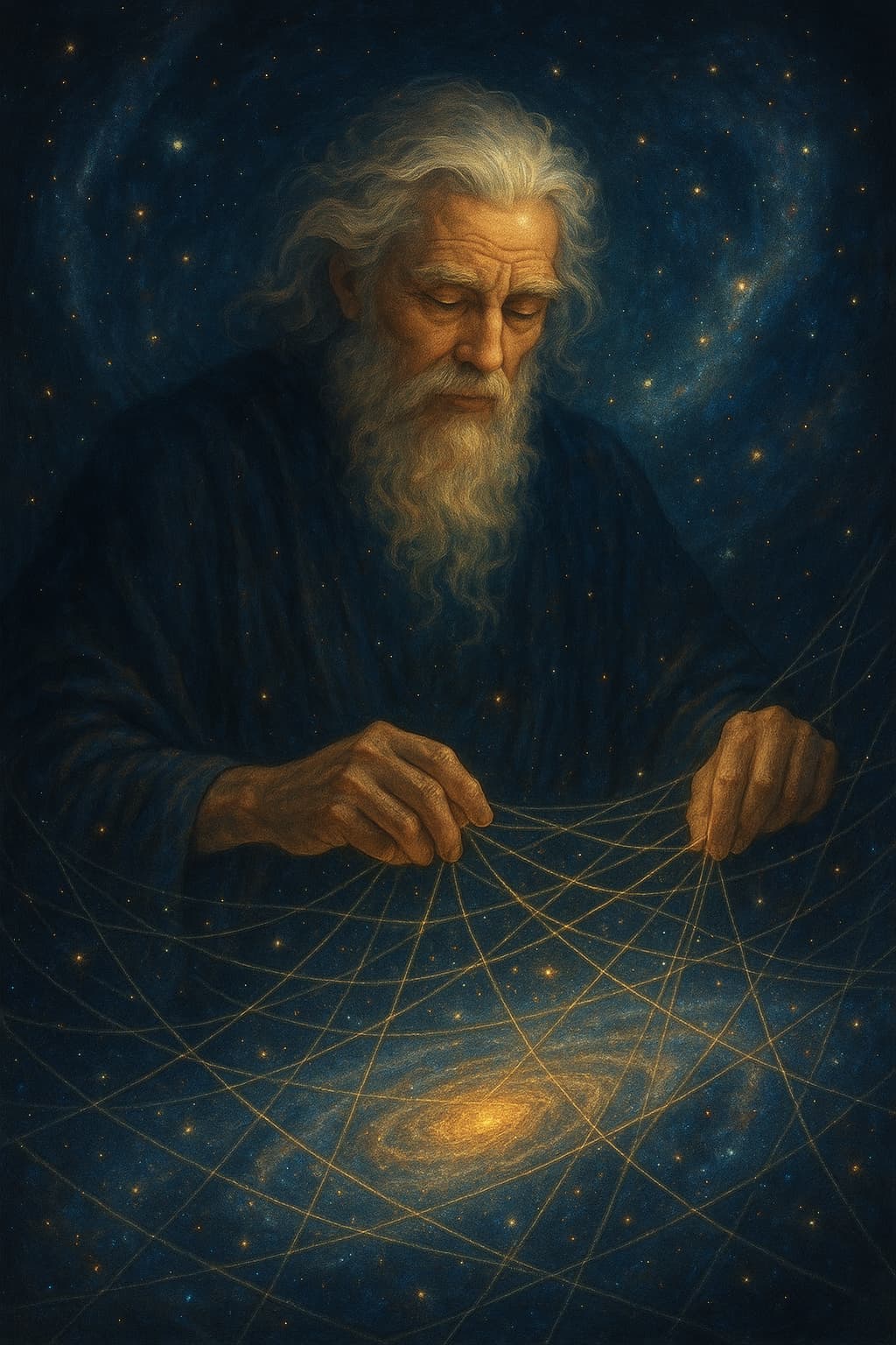 The Great Architect weaving the universe with threads of light around a galaxy, symbol of creative Intelligence
