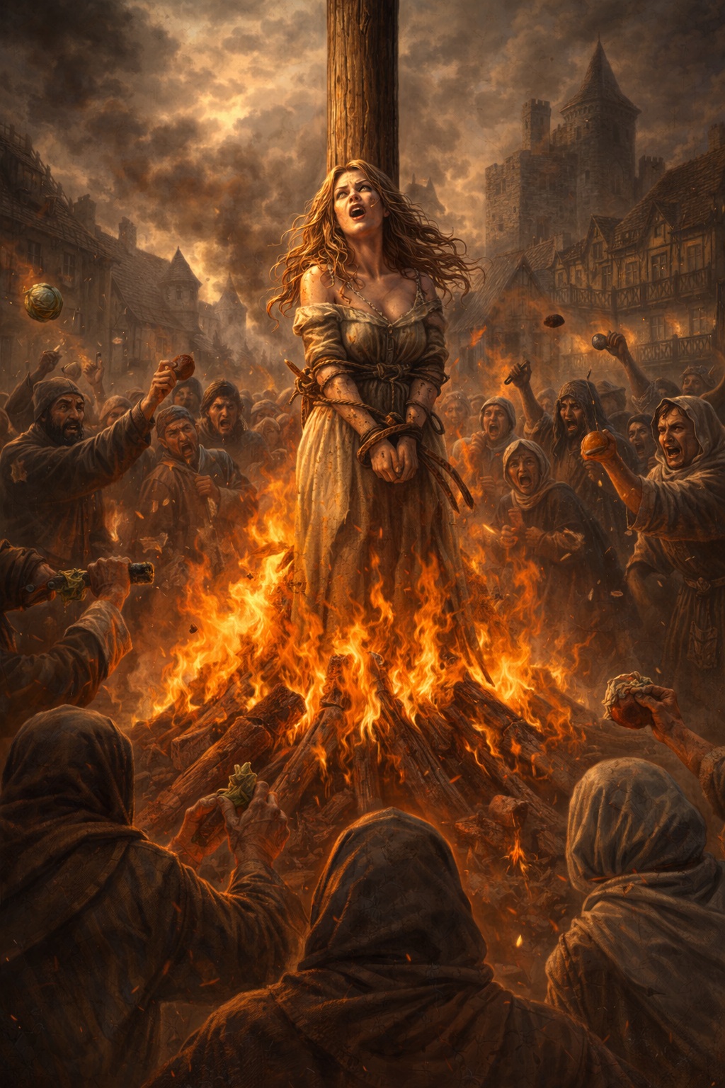 Una mujer acusada de brujería atada a una hoguera frente a una multitud medieval, ilustración del miedo utilizado para manipular y llevar a la persecución.