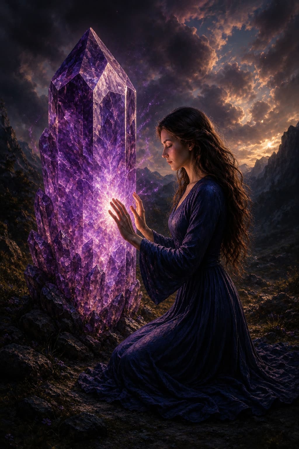 Una mujer arrodillada posa sus manos sobre un inmenso cristal de amatista luminoso, en el corazón de un valle montañoso al crepúsculo.
