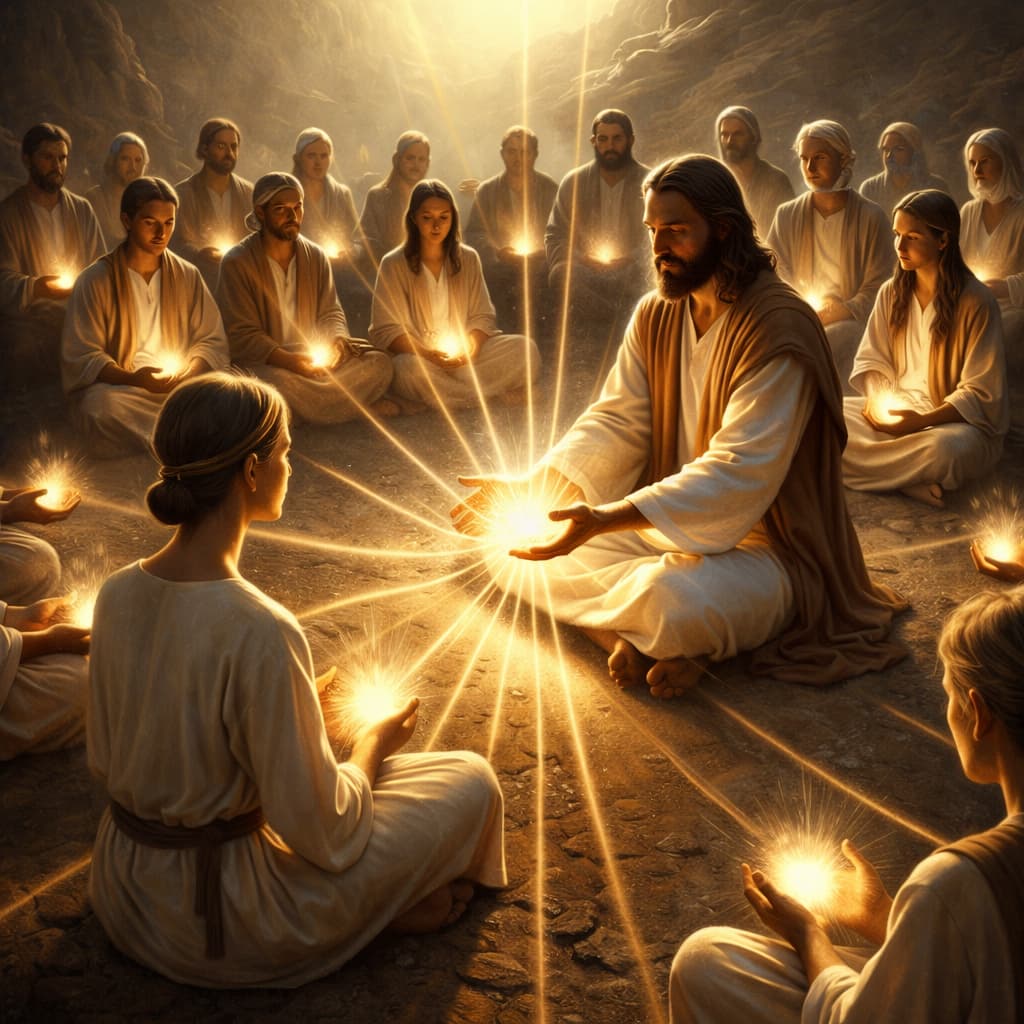 Yeshua transmitiendo la energía crística a un círculo de seres sentados a su alrededor, cada uno sosteniendo una luz interior entre sus manos, símbolo de despertar espiritual, expansión de la conciencia, unidad y transmisión sagrada.