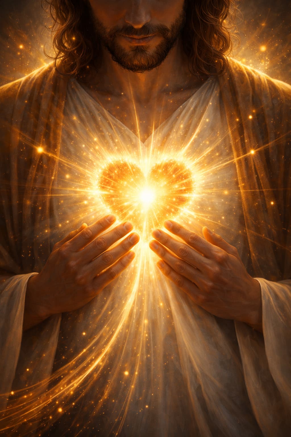 Yeshua sosteniendo entre sus manos un corazón de luz radiante de energía crística dorada, símbolo de amor divino, sanación interior, conciencia sagrada y despertar espiritual.