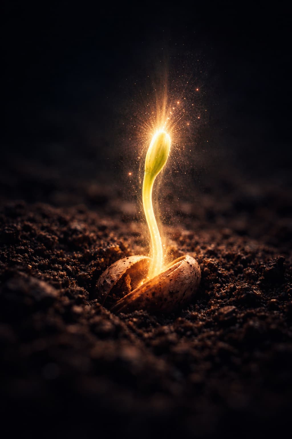 Una semilla se abre en la tierra oscura y deja emerger un brote luminoso, símbolo de la chispa divina que despierta en el corazón de la humanidad.