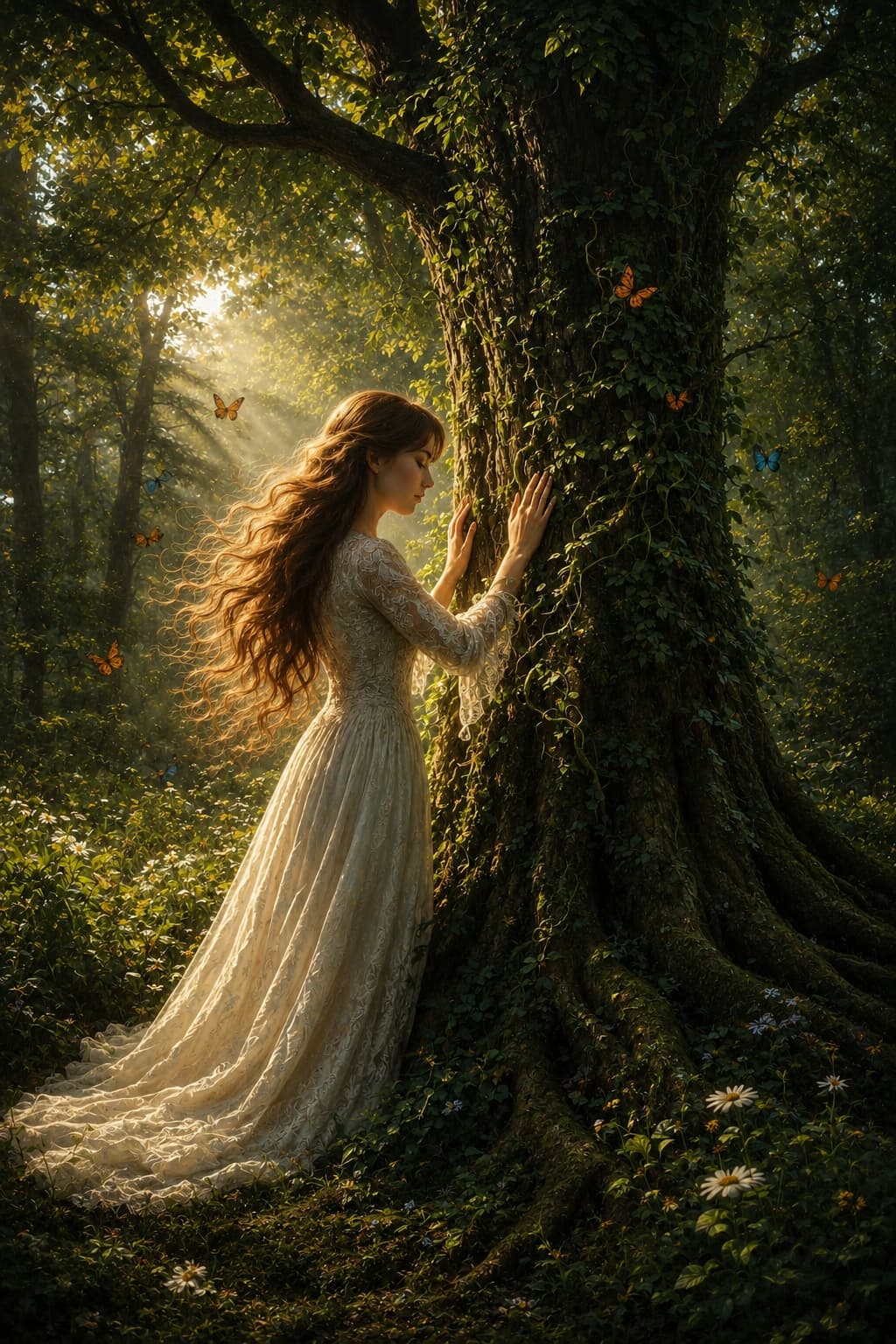 Una mujer con vestido blanco posa sus manos sobre el tronco de un árbol antiguo, rodeada de mariposas en un bosque bañado de luz dorada.