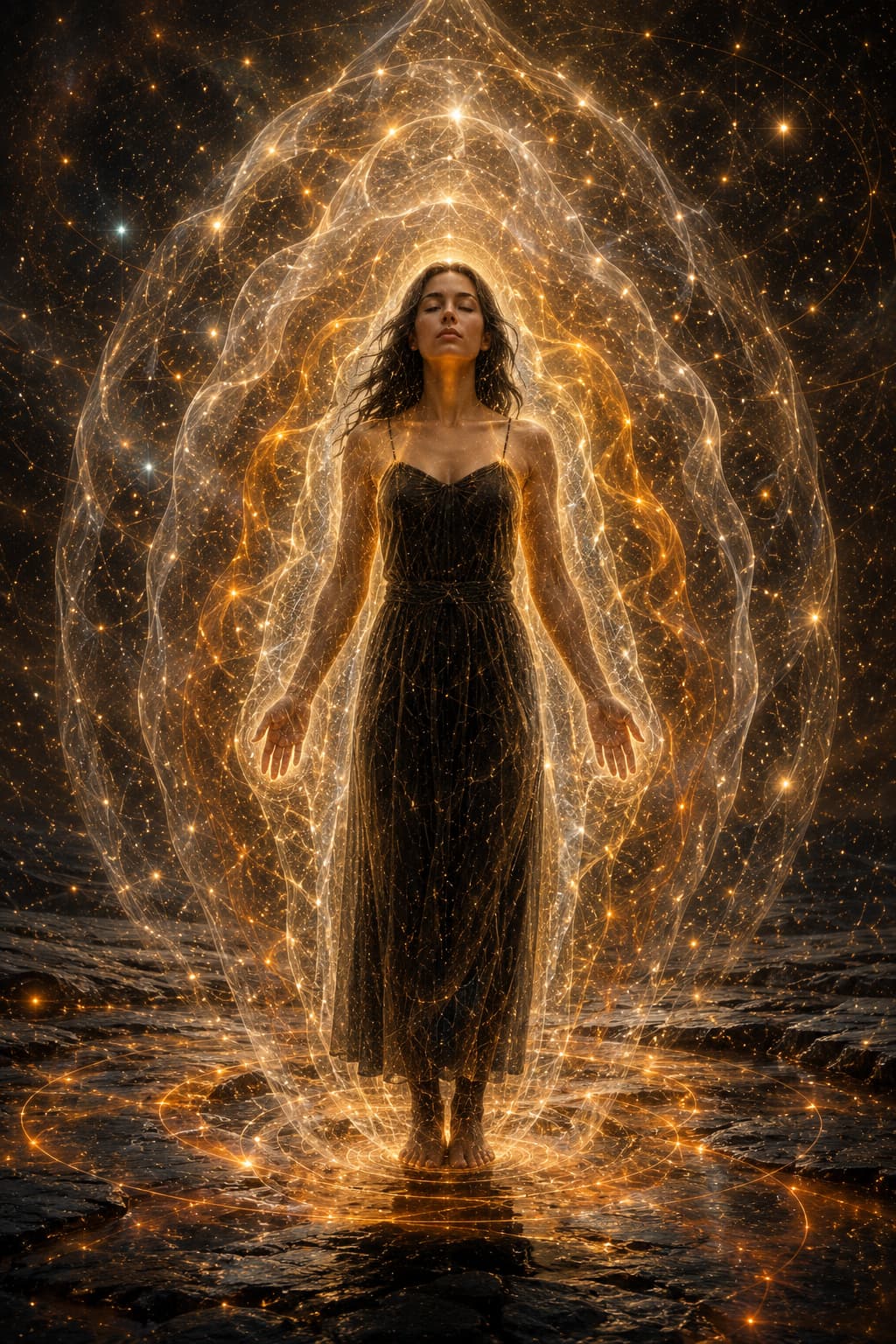 Femme debout sur un sol rocheux, entourée de quatre enveloppes énergétiques dorées, au cœur d’un vaste champ cosmique symbolisant les plans physique, subtil et supérieur.