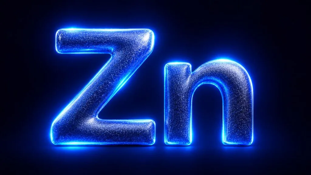 Symbole chimique Zn en métal bleu électrique pailleté sur fond bleu marine.