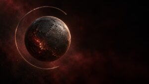 Esfera de hierro agrietada rodeada de un anillo incompleto, simbolizando la deficiencia de hierro y el ciclo menstrual en la mujer.